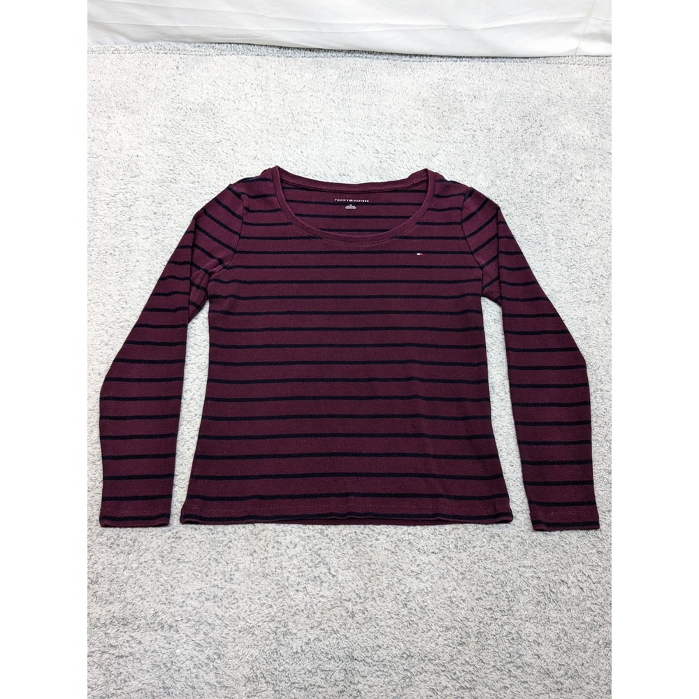 Tommy Hilfiger Top Womens Medium Burgundy with Navy Blue Stripes Long Sleeve‎